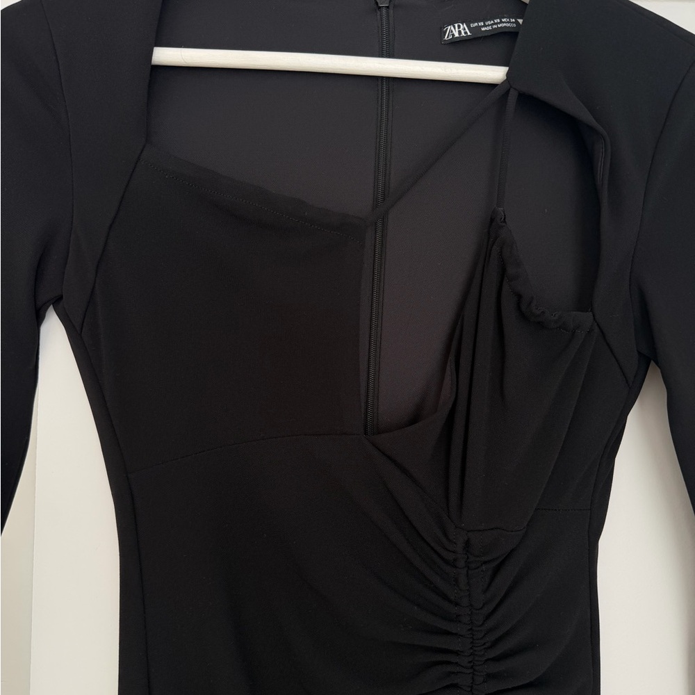 Zara Black Long-Sleeve Ruched Front Bodycon Dress